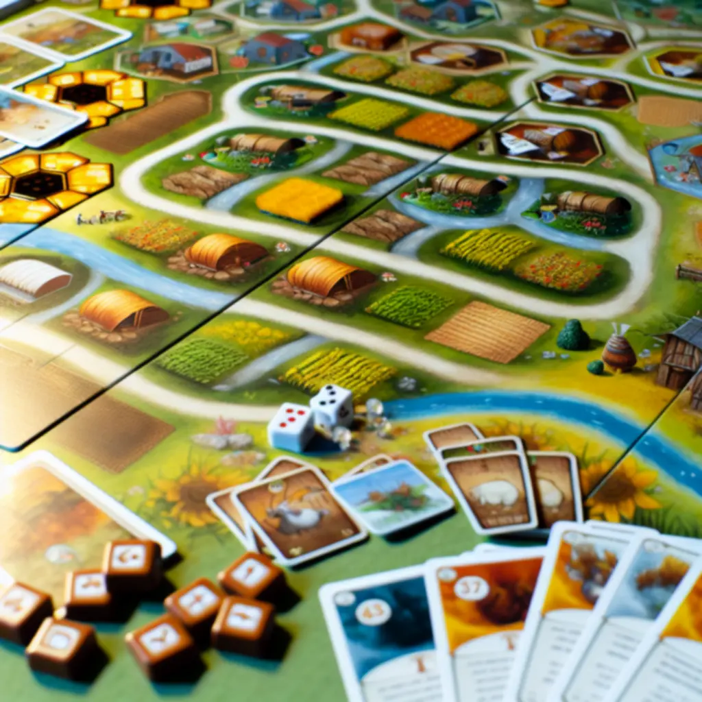 Widok planszy z polami upraw, uli i drogą na jarmark