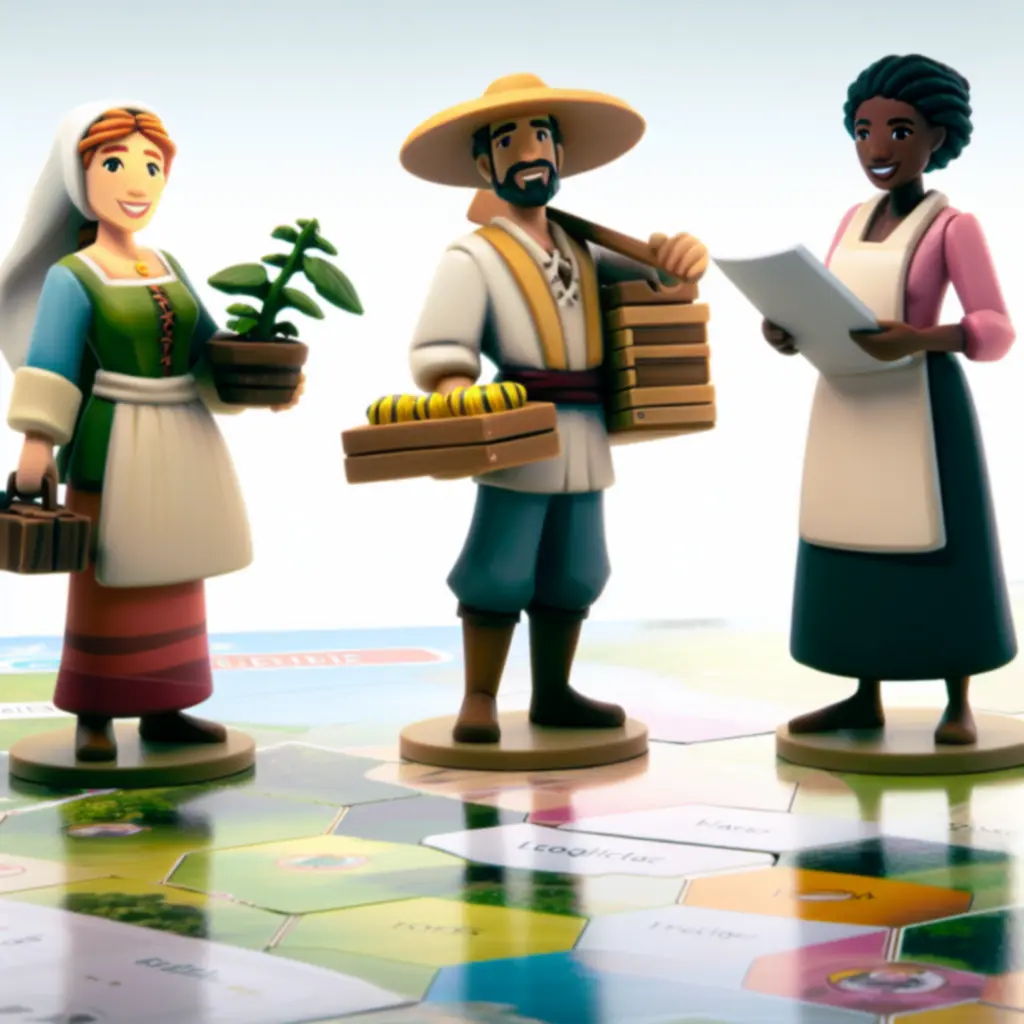 Kolaż postaci: ogrodniczka, pszczelarz i logistyczka w stylu ilustracyjnym