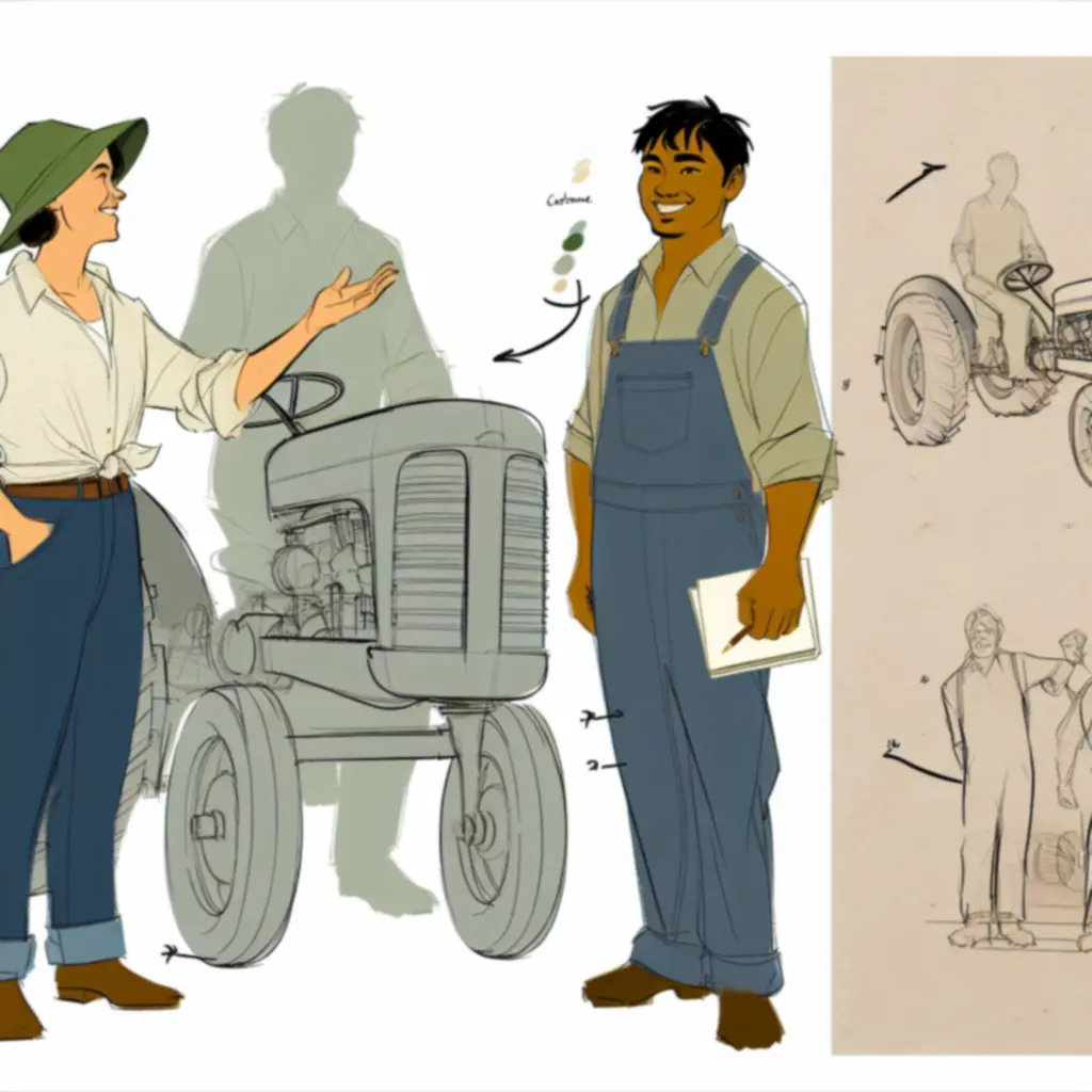 Szkic koncepcyjny Marty i Jasia przy traktorze