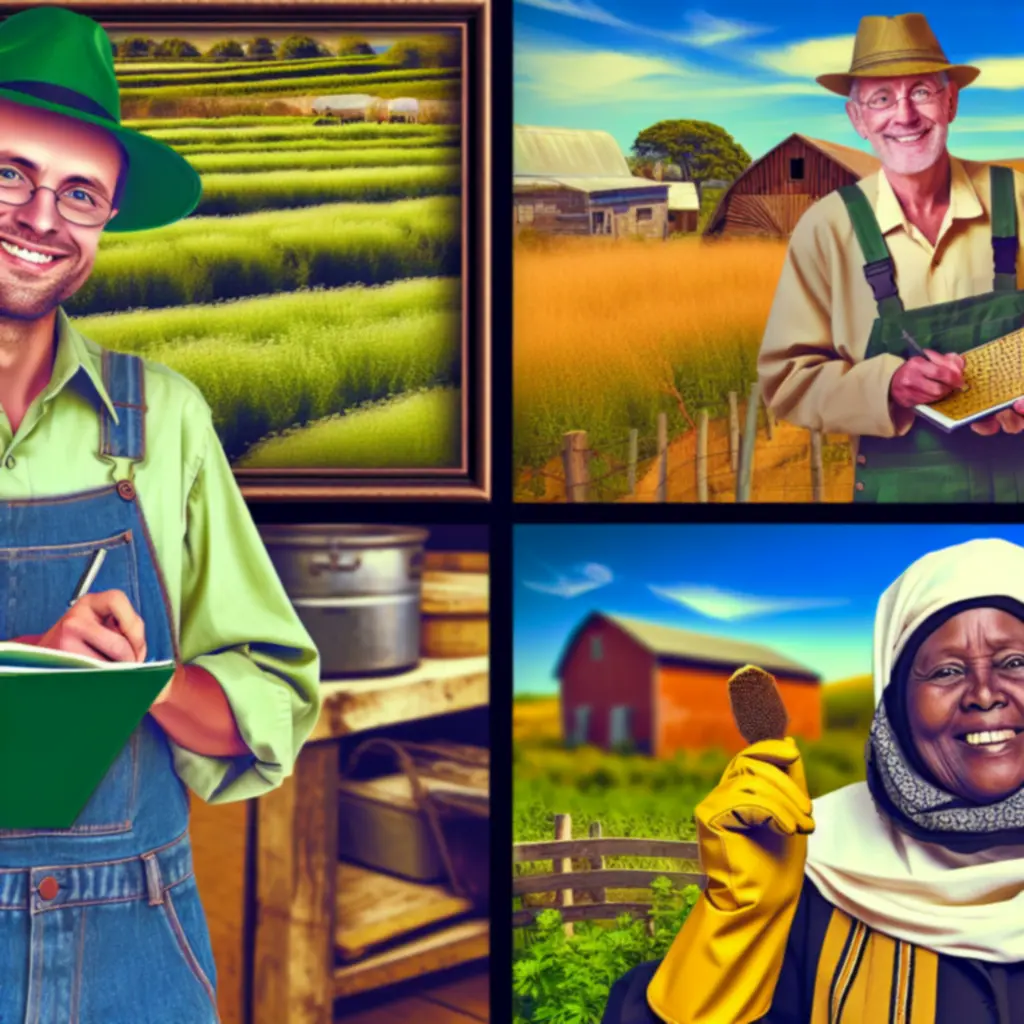 Ilustracja głównych bohaterów FermGamePL stojących na tle gospodarstwa