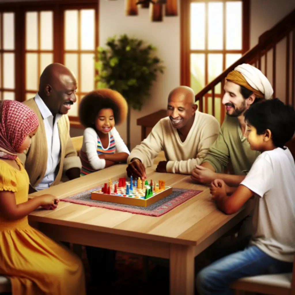 Gracze przy stole z planszówką, uśmiechnięci i zaangażowani