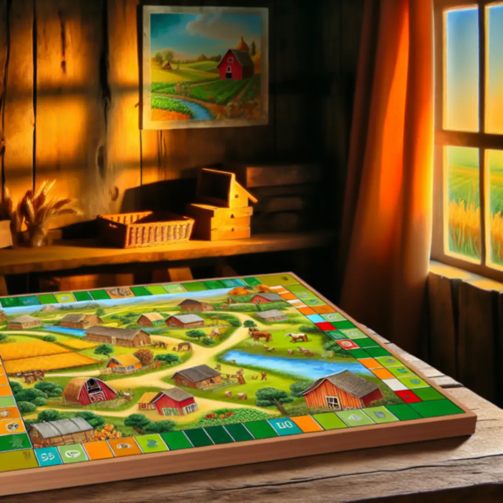 Rodzinna gra planszowa FermGamePL rozłożona na stole w wiejskim klimacie