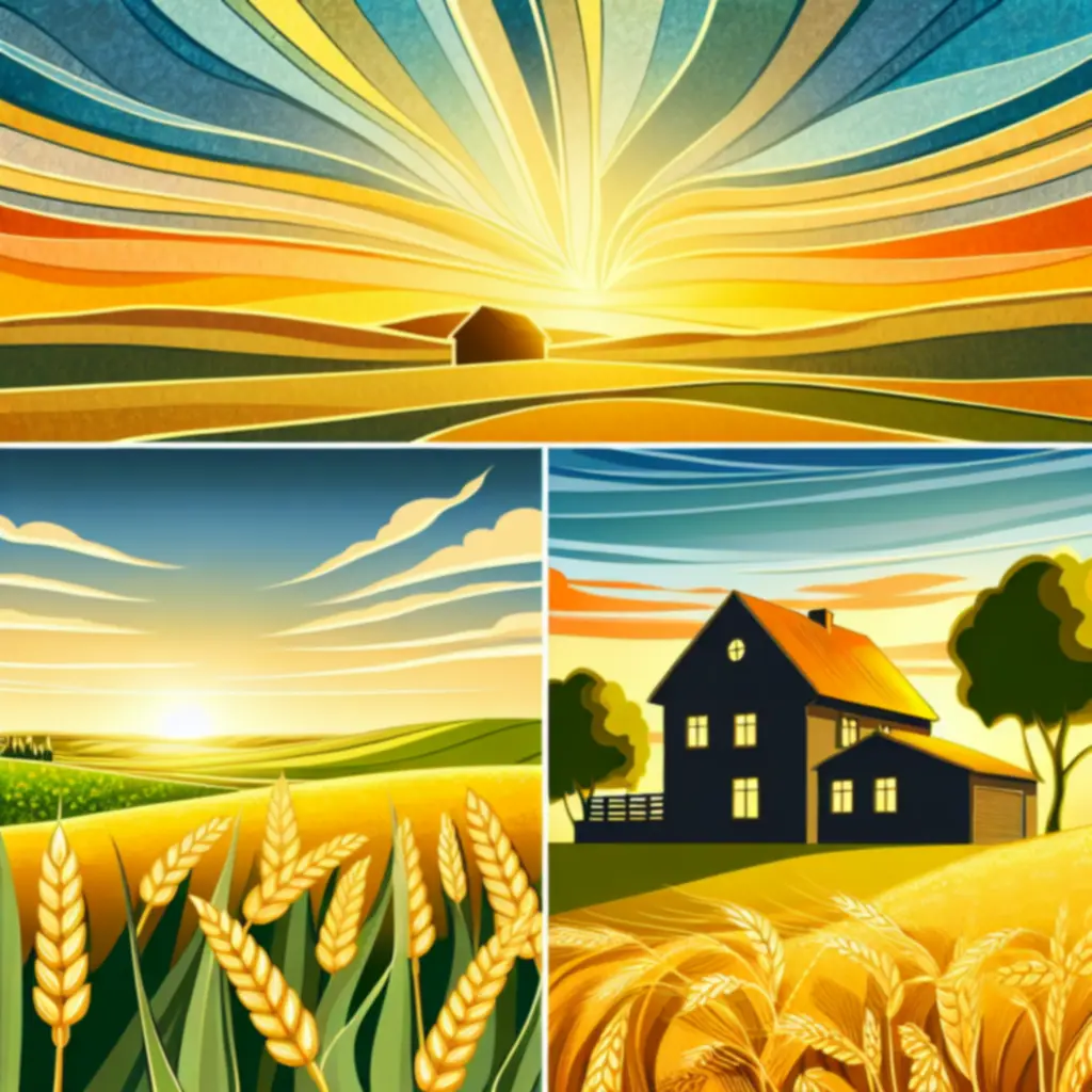Ilustracja złotych pól i farmy – tło historii FermGamePL