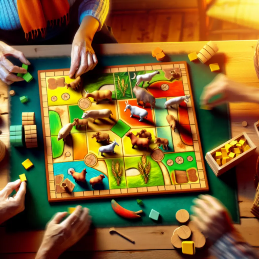 Plansza gry z elementami farmy i pionkami podczas rozgrywki