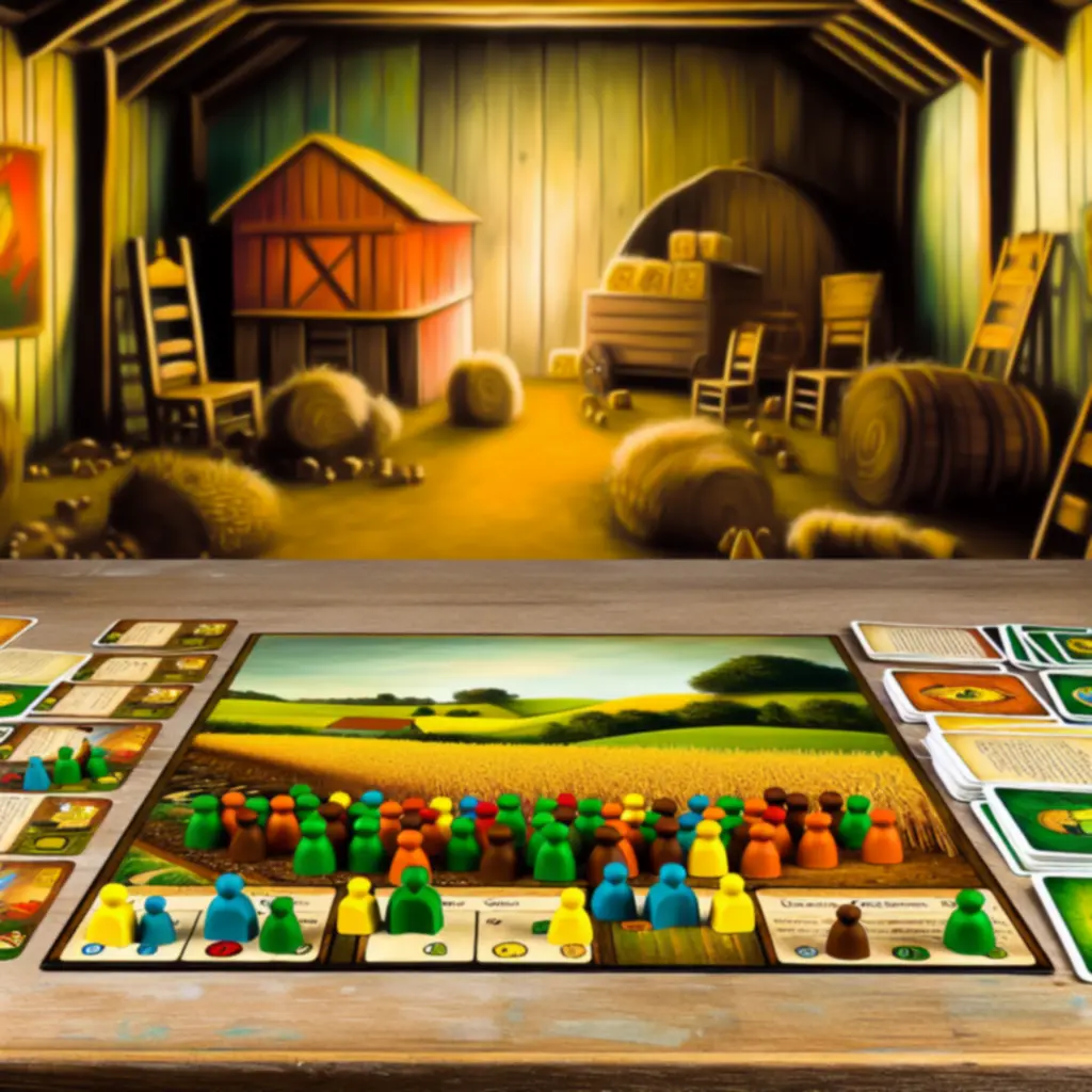 Kolorowa kompozycja produktów i kart recenzji na tle nawiązującym do motywu farmy