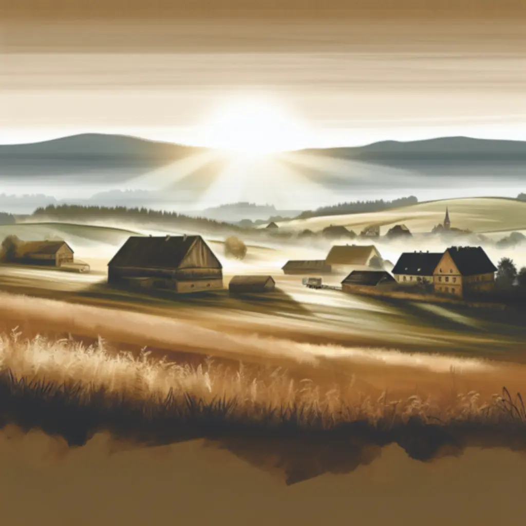 Wschód słońca nad polską wsią – dolina, stodoły i pola